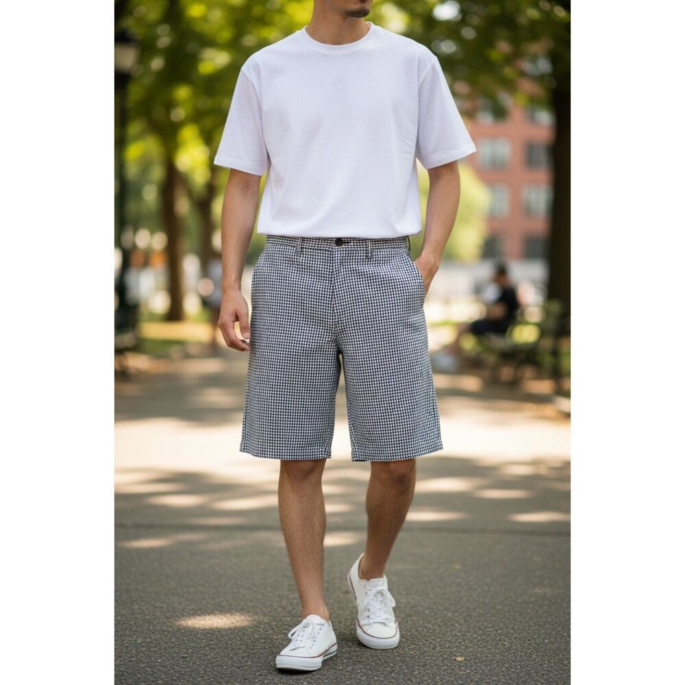 Ben Sherman EC1 Slim Fit Chino Shorts Men's 33 Black White Gingham Check Plaid